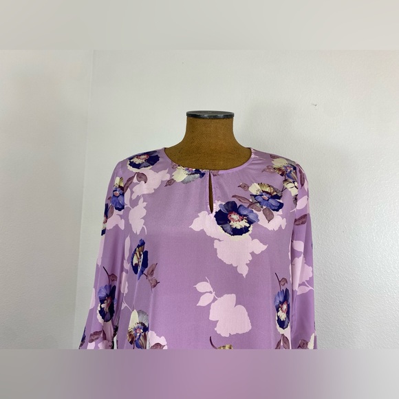 David Lawrence Silk Blouse 14 Floral Ruched Sleeve Lavender Keyhole Semi Sheer - Picture 4 of 13